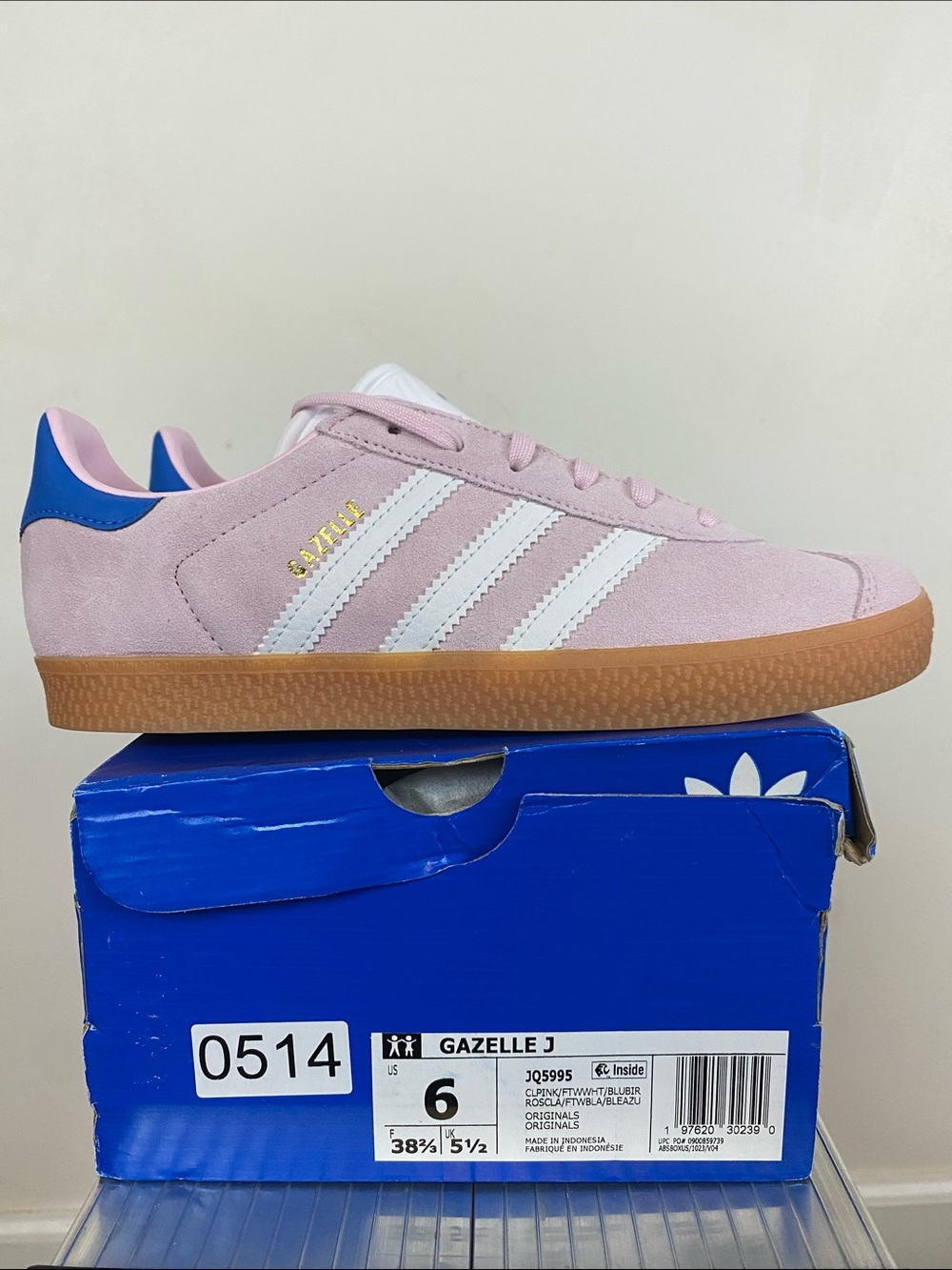 adidas Gazelle Kids Sneakers in Pink with Blue Heel